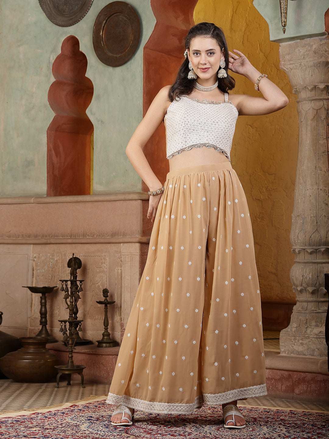 Women's Beige Jacket Style Party Wear Georgette Crop Top Palazzo Dupatta Co-ord Set