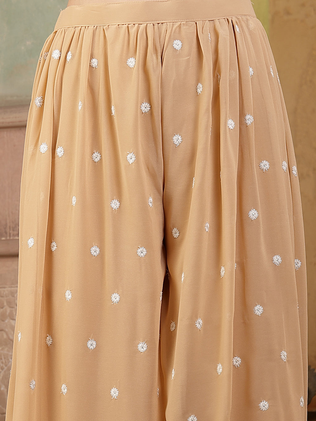 Women's Beige Jacket Style Party Wear Georgette Crop Top Palazzo Dupatta Co-ord Set