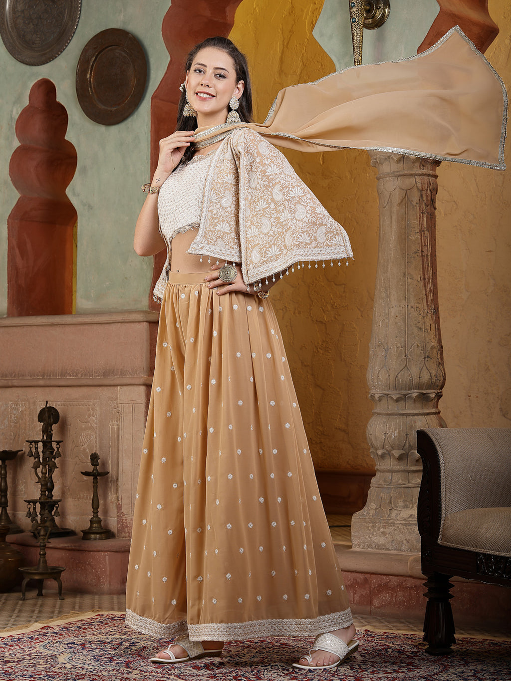 Women's Beige Jacket Style Party Wear Georgette Crop Top Palazzo Dupatta Co-ord Set