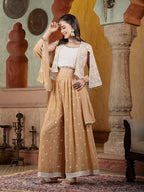 Women's Beige Jacket Style Party Wear Georgette Crop Top Palazzo Dupatta Co-ord Set