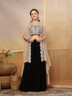 Women's Black Solid & Embroidered Crape Silk Co-Ord Set