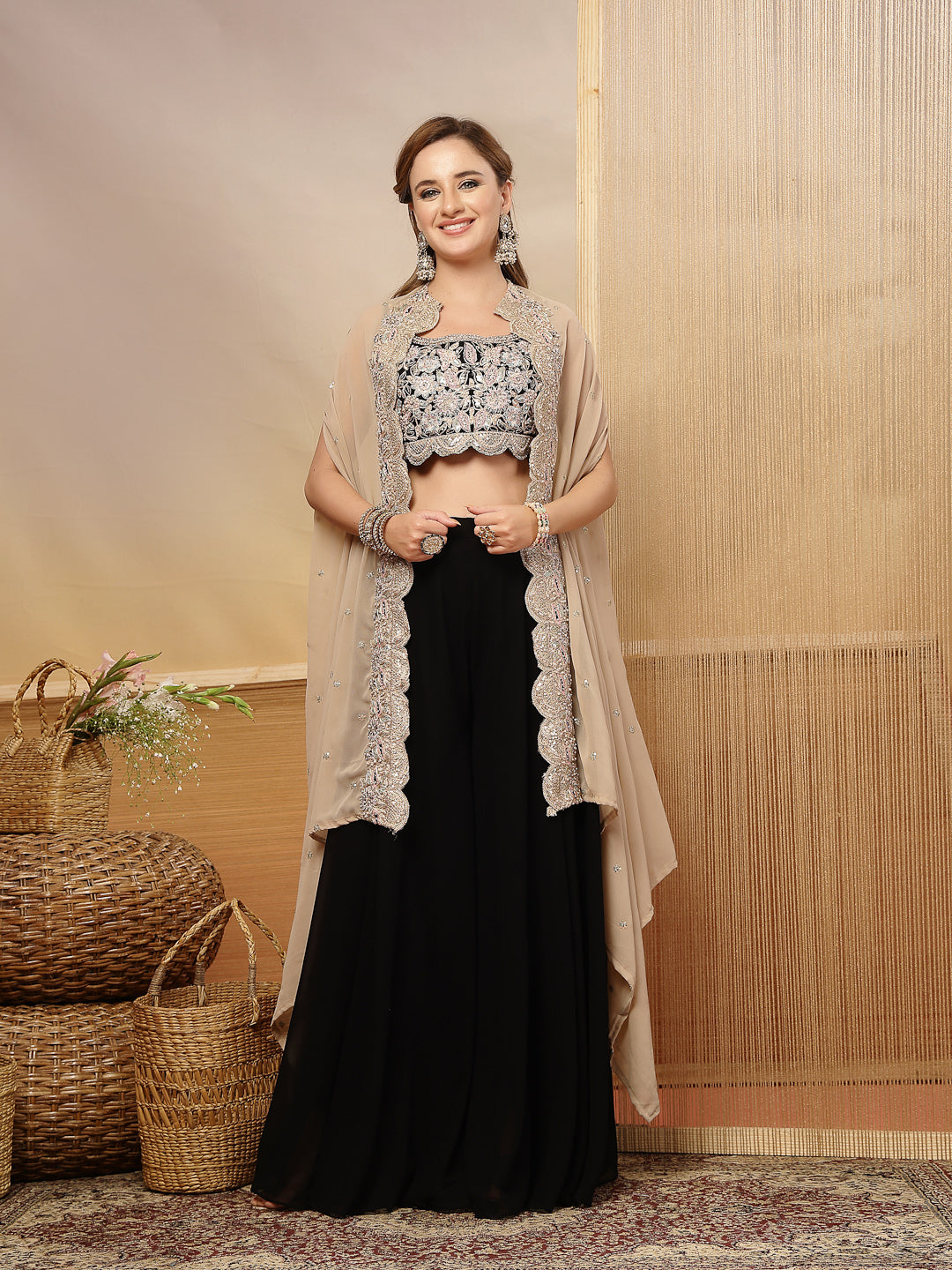 Women's Black Solid & Embroidered Crape Silk Co-Ord Set