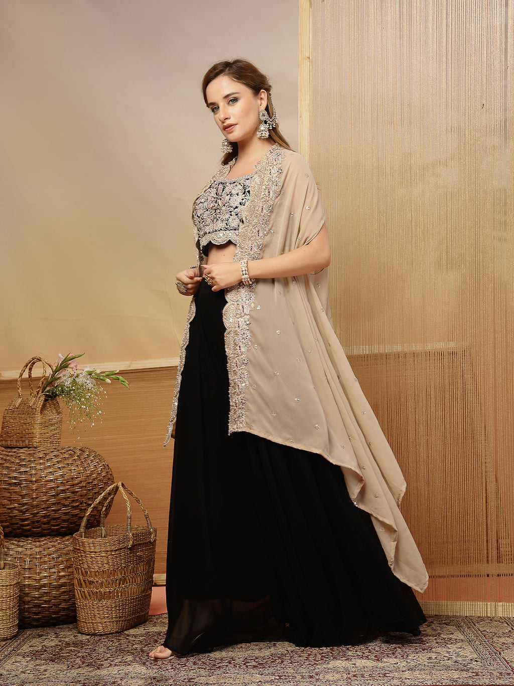 Women's Black Solid & Embroidered Crape Silk Co-Ord Set