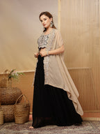 Women's Black Solid & Embroidered Crape Silk Co-Ord Set