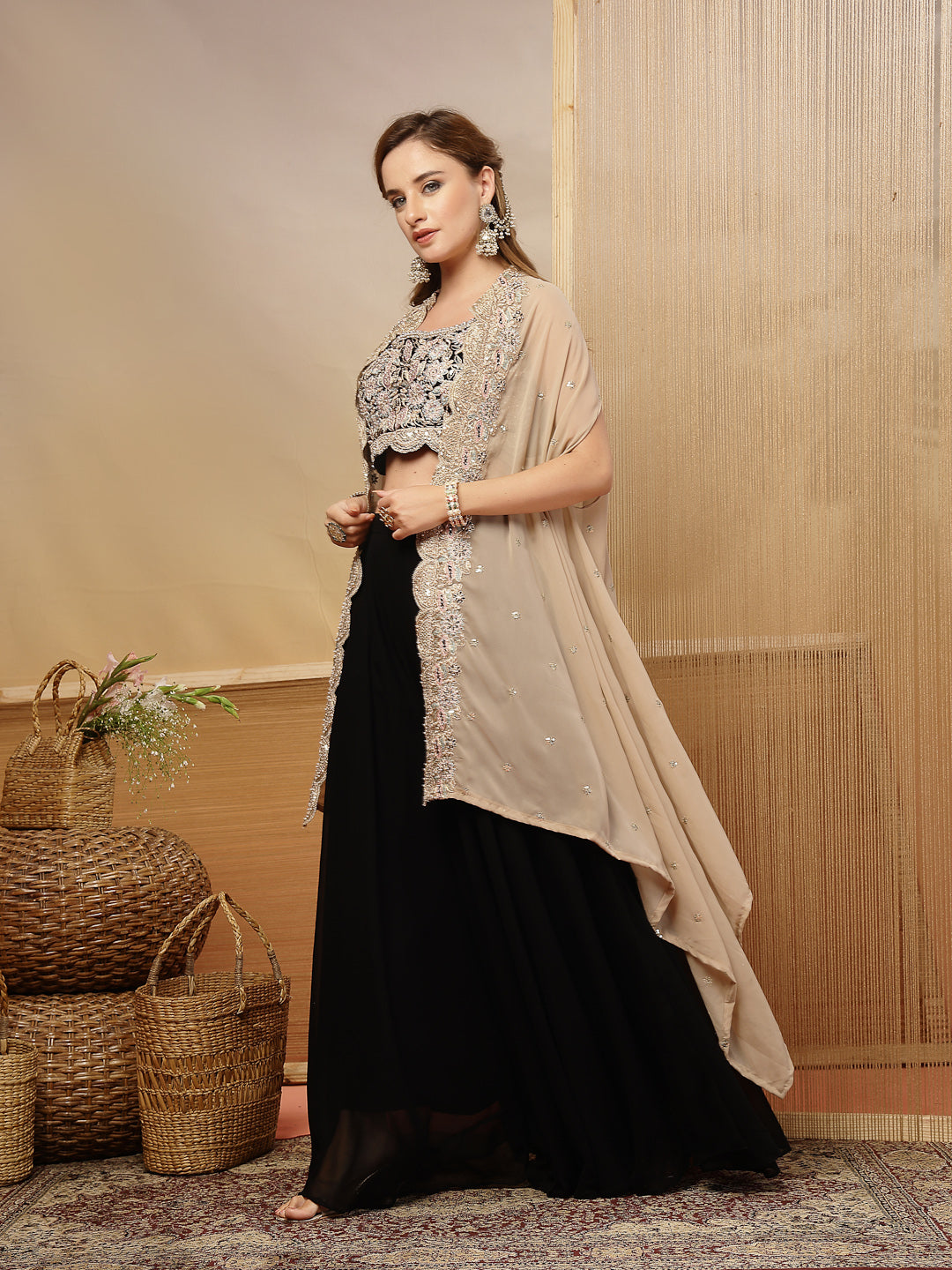 Women's Black Solid & Embroidered Crape Silk Co-Ord Set