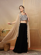 Women's Black Solid & Embroidered Crape Silk Co-Ord Set