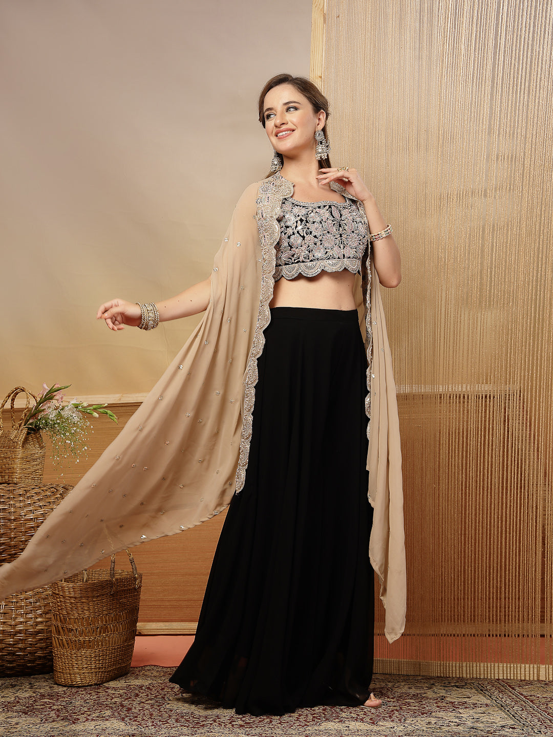 Women's Black Solid & Embroidered Crape Silk Co-Ord Set