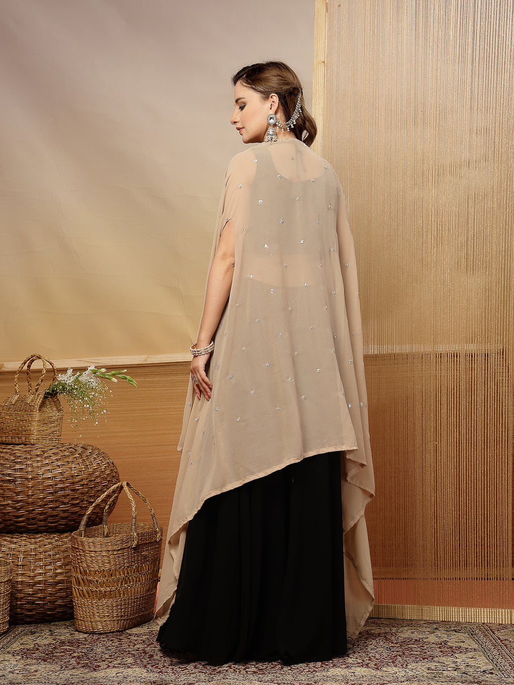 Women's Black Solid & Embroidered Crape Silk Co-Ord Set