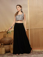 Women's Black Solid & Embroidered Crape Silk Co-Ord Set