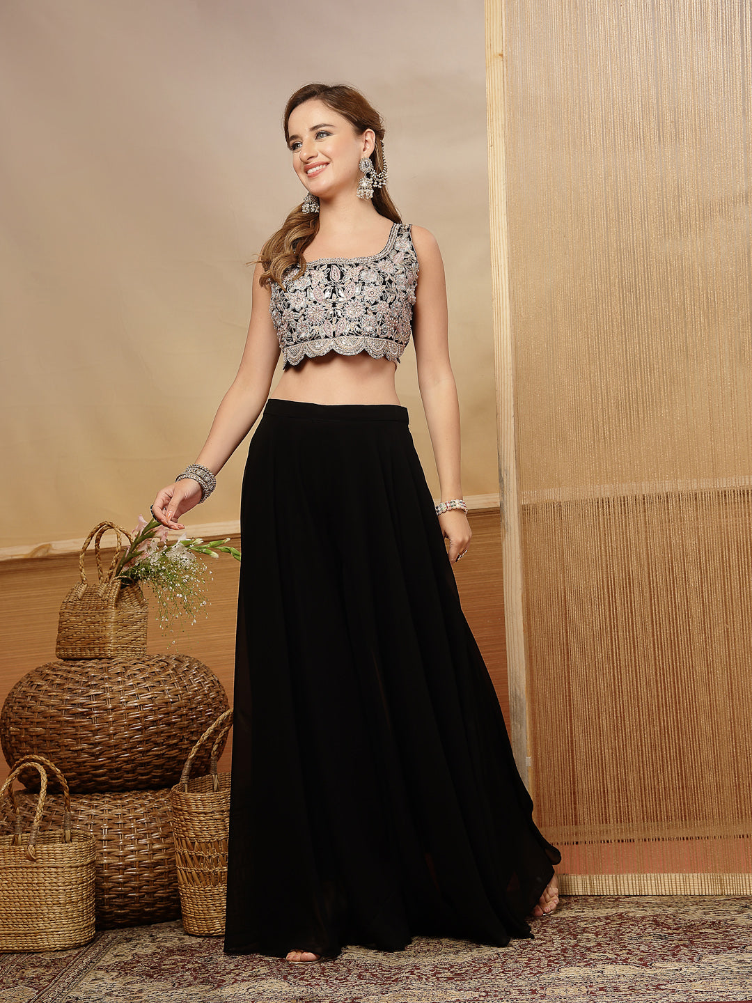 Women's Black Solid & Embroidered Crape Silk Co-Ord Set