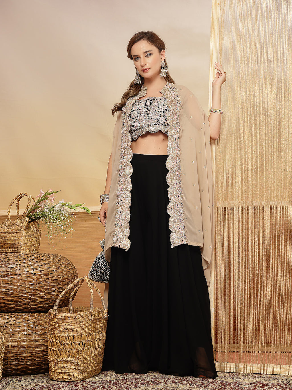 Women's Black Solid & Embroidered Crape Silk Co-Ord Set