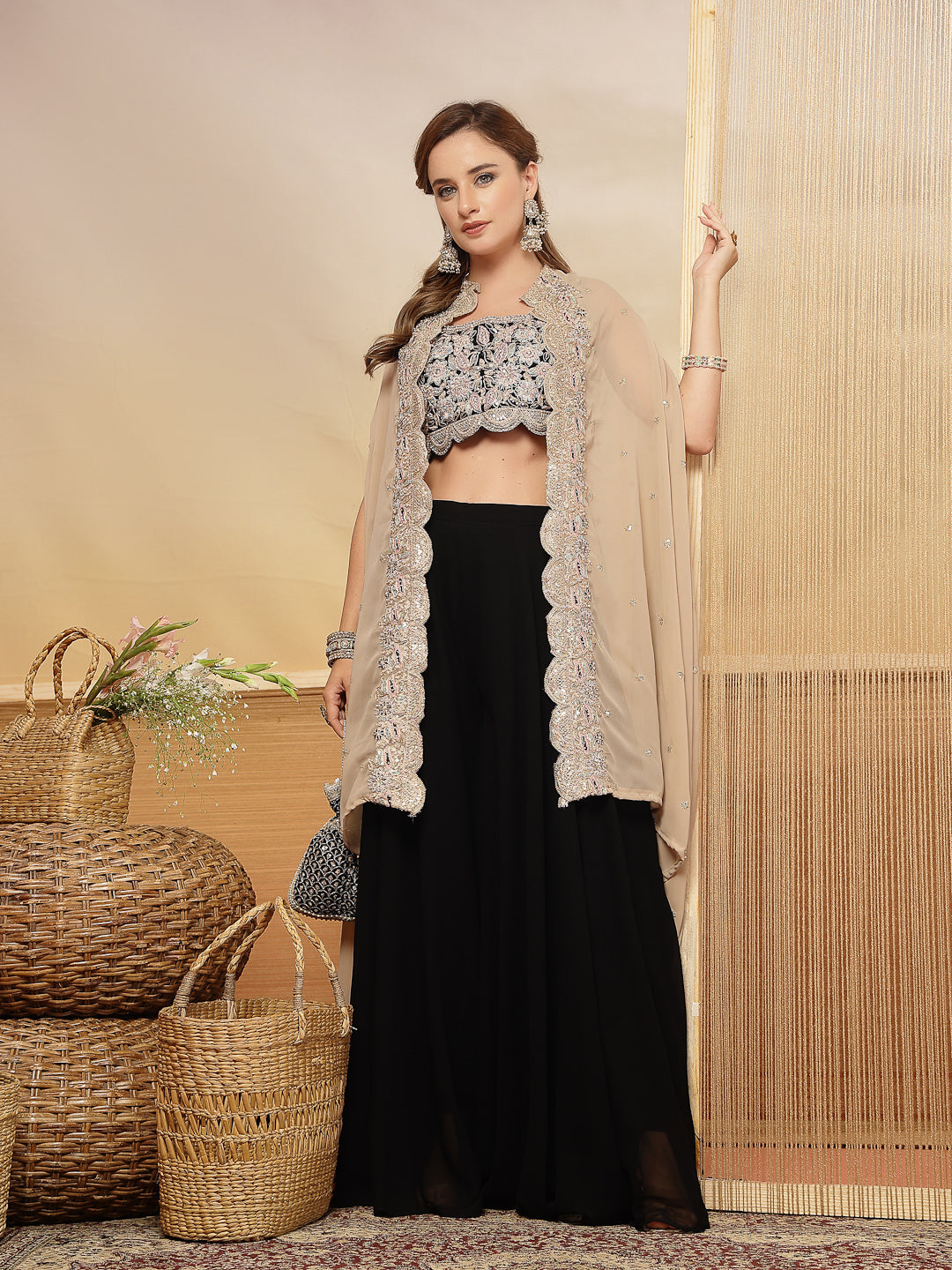 Women's Black Solid & Embroidered Crape Silk Co-Ord Set