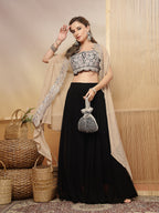 Women's Black Solid & Embroidered Crape Silk Co-Ord Set