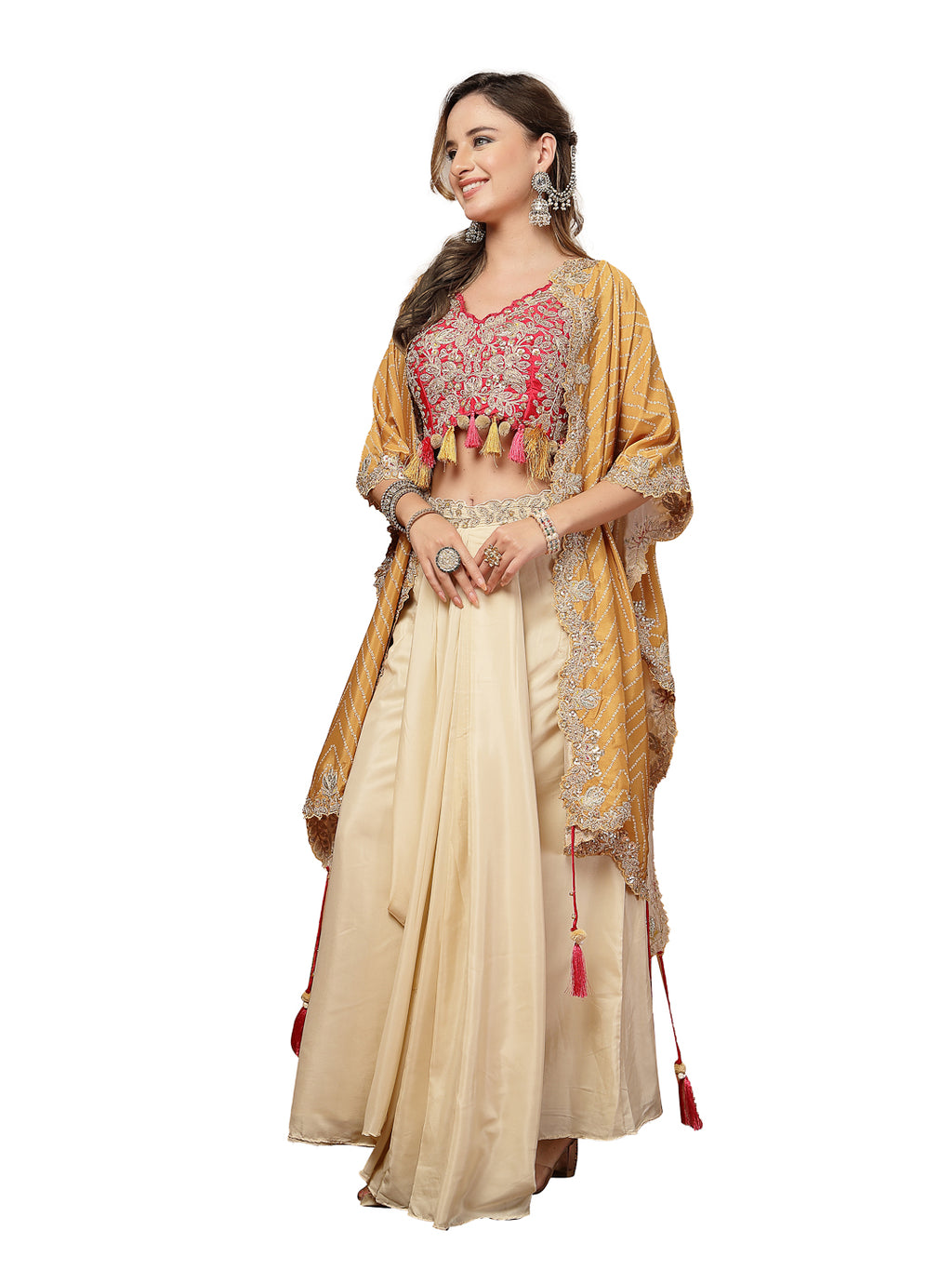 Women's Cream Bandhani Printed & Embroidered Creap Silk Co-Ord Set