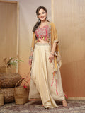 Women's Cream Bandhani Printed & Embroidered Creap Silk Co-Ord Set