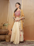Women's Cream Bandhani Printed & Embroidered Creap Silk Co-Ord Set