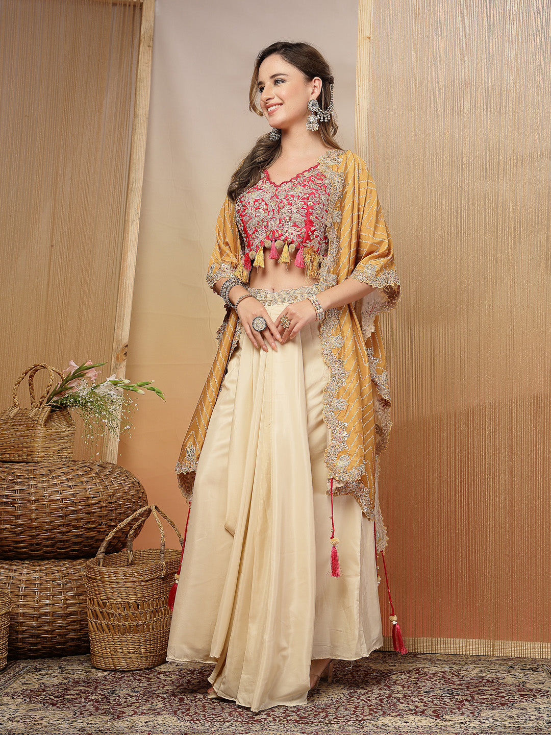 Women's Cream Bandhani Printed & Embroidered Creap Silk Co-Ord Set