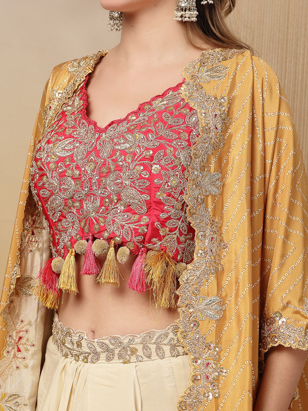 Women's Cream Bandhani Printed & Embroidered Creap Silk Co-Ord Set