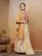 Women's Cream Bandhani Printed & Embroidered Creap Silk Co-Ord Set