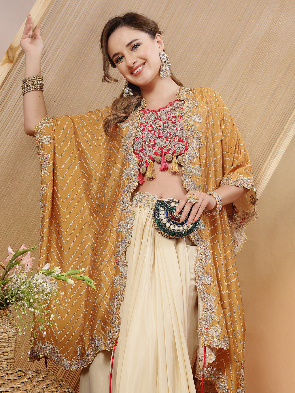 Women's Cream Bandhani Printed & Embroidered Creap Silk Co-Ord Set