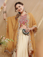 Women's Cream Bandhani Printed & Embroidered Creap Silk Co-Ord Set