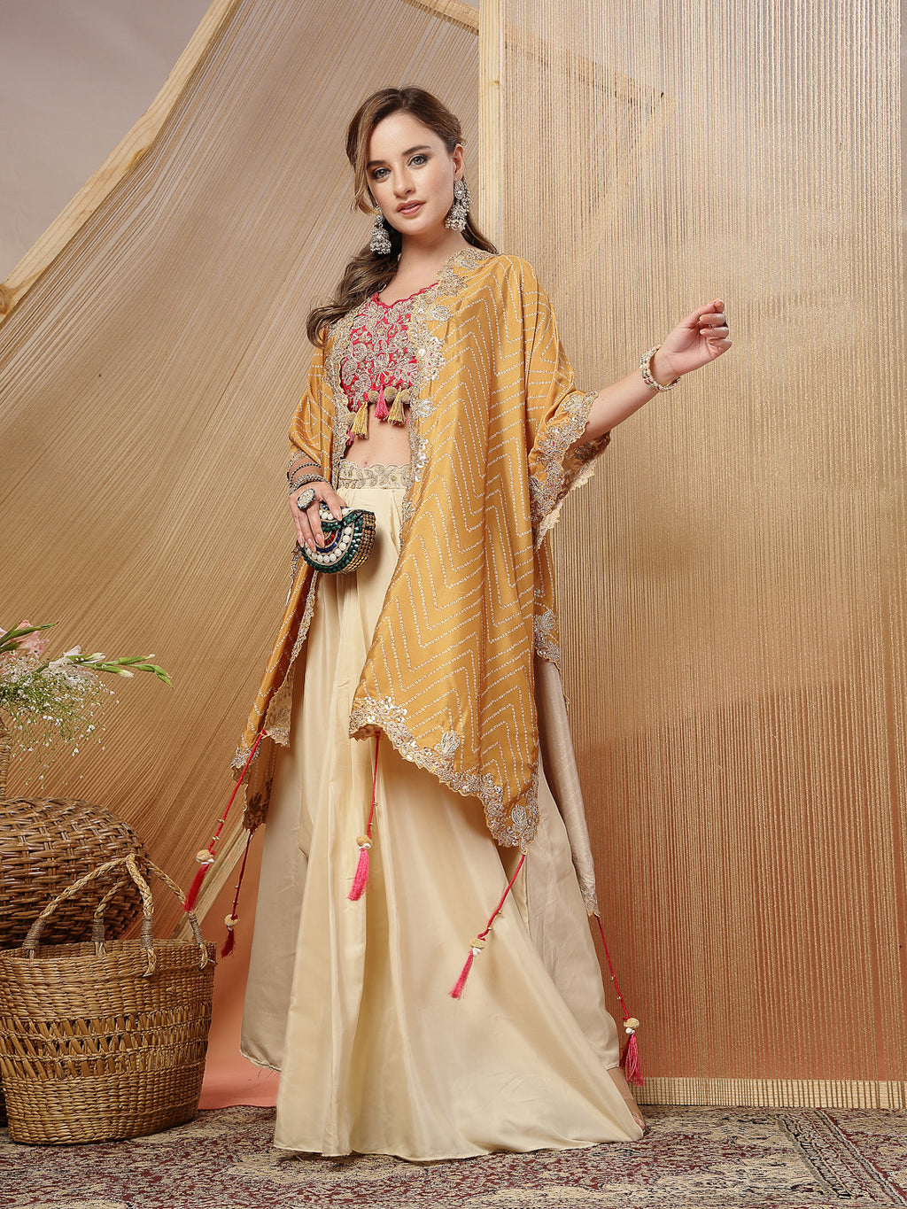 Women's Cream Bandhani Printed & Embroidered Creap Silk Co-Ord Set