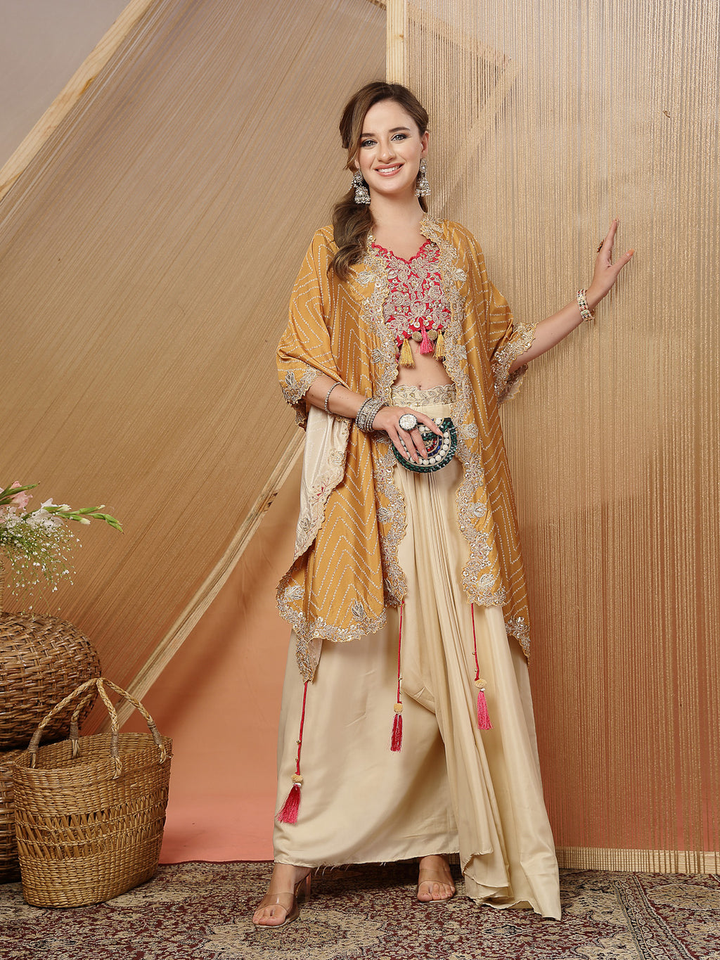 Women's Cream Bandhani Printed & Embroidered Creap Silk Co-Ord Set