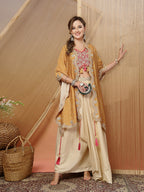 Women's Cream Bandhani Printed & Embroidered Creap Silk Co-Ord Set