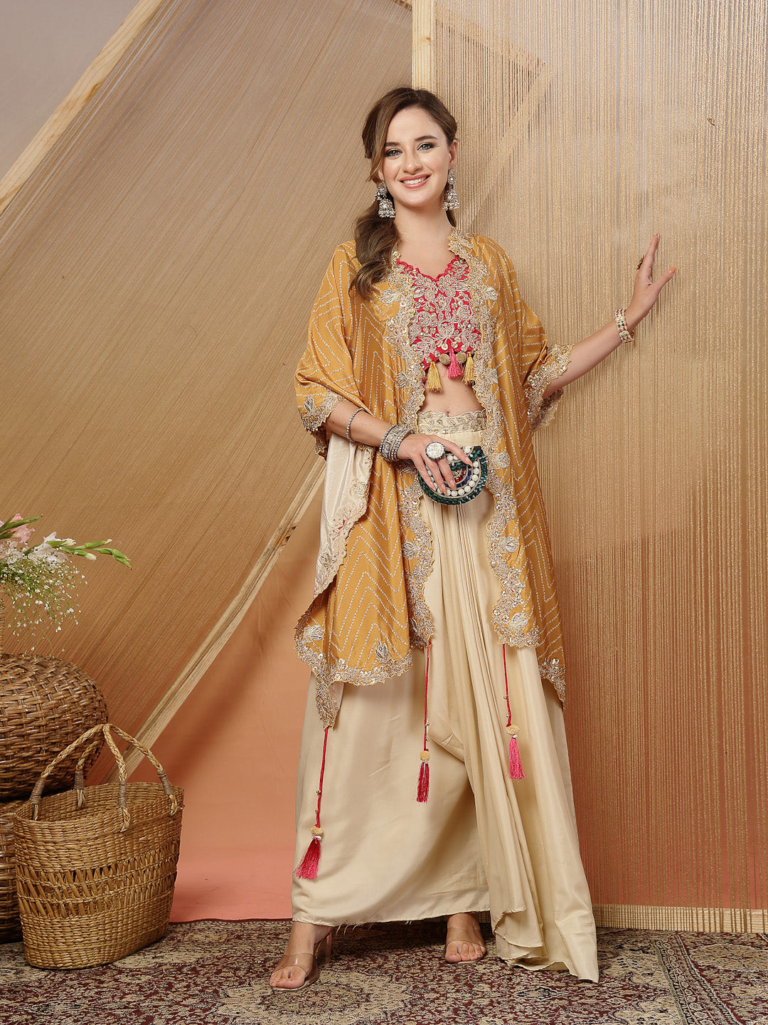 Women's Cream Bandhani Printed & Embroidered Creap Silk Co-Ord Set