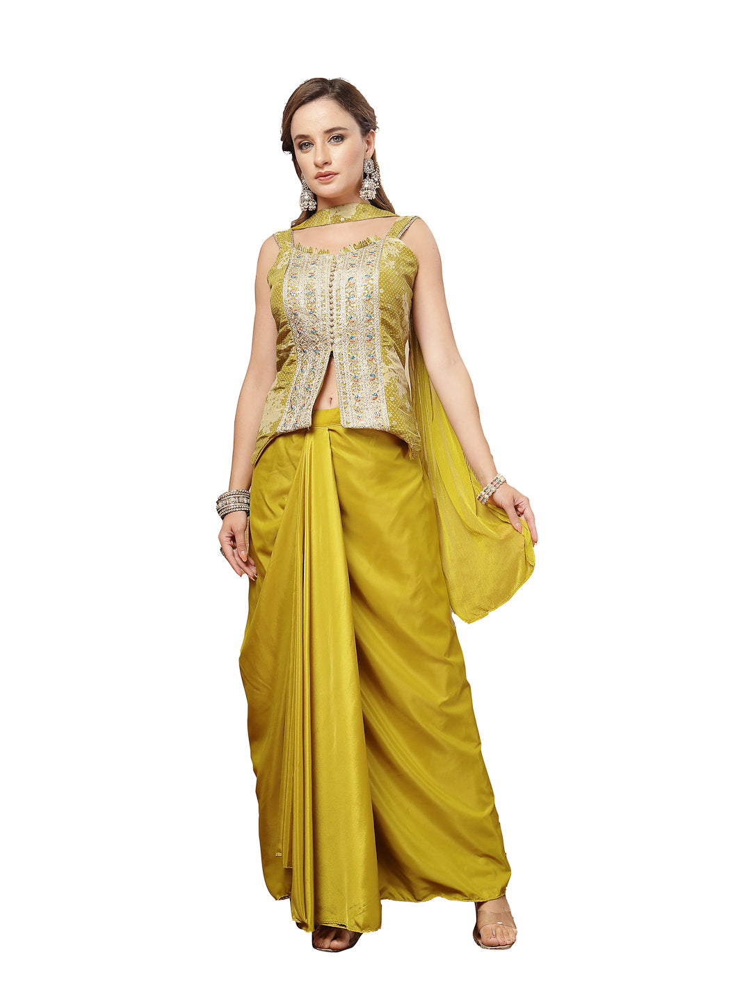 Women's Mustard Solid & Embroidered Organza Co-Ord Set