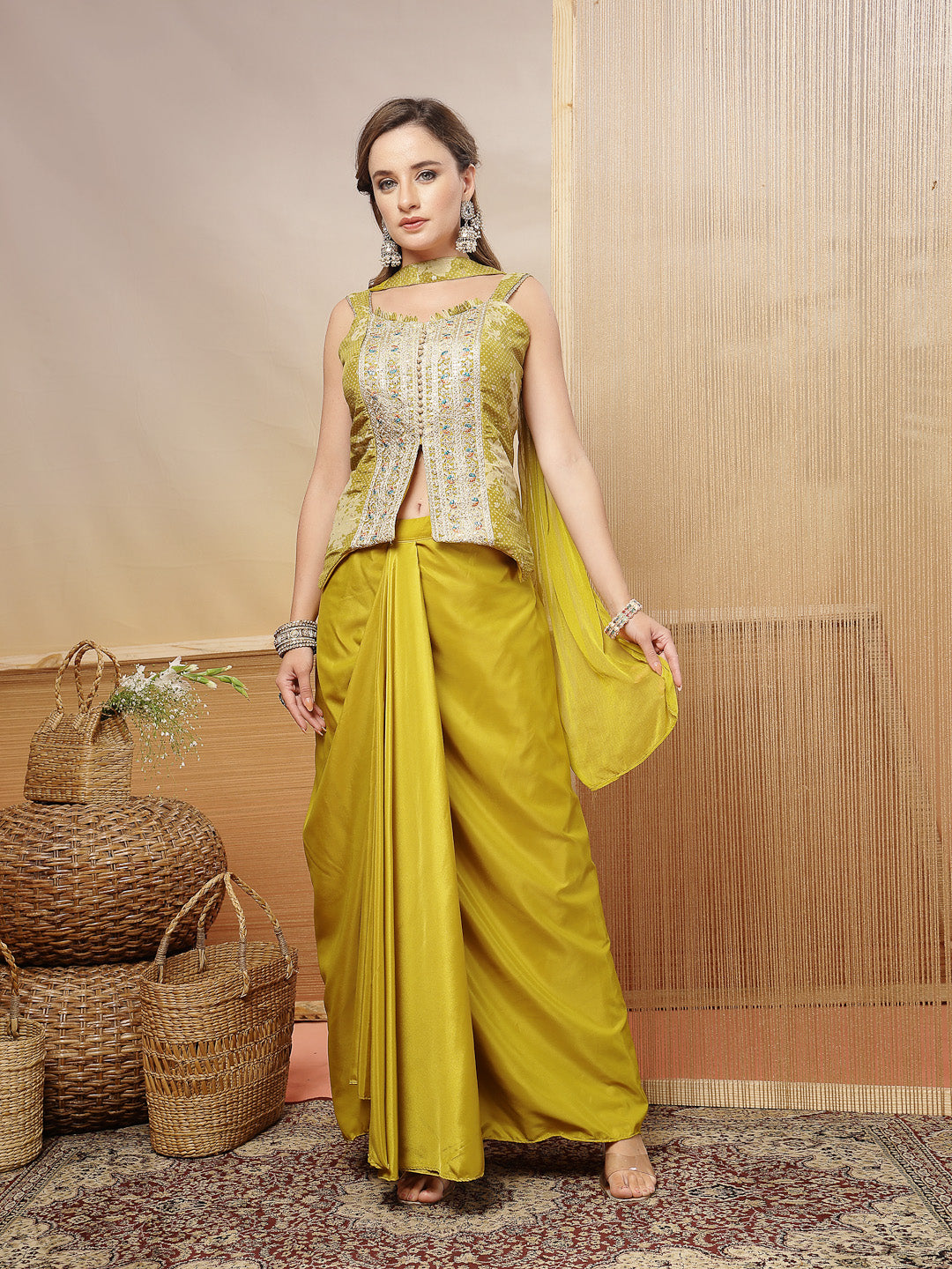 Women's Mustard Solid & Embroidered Organza Co-Ord Set