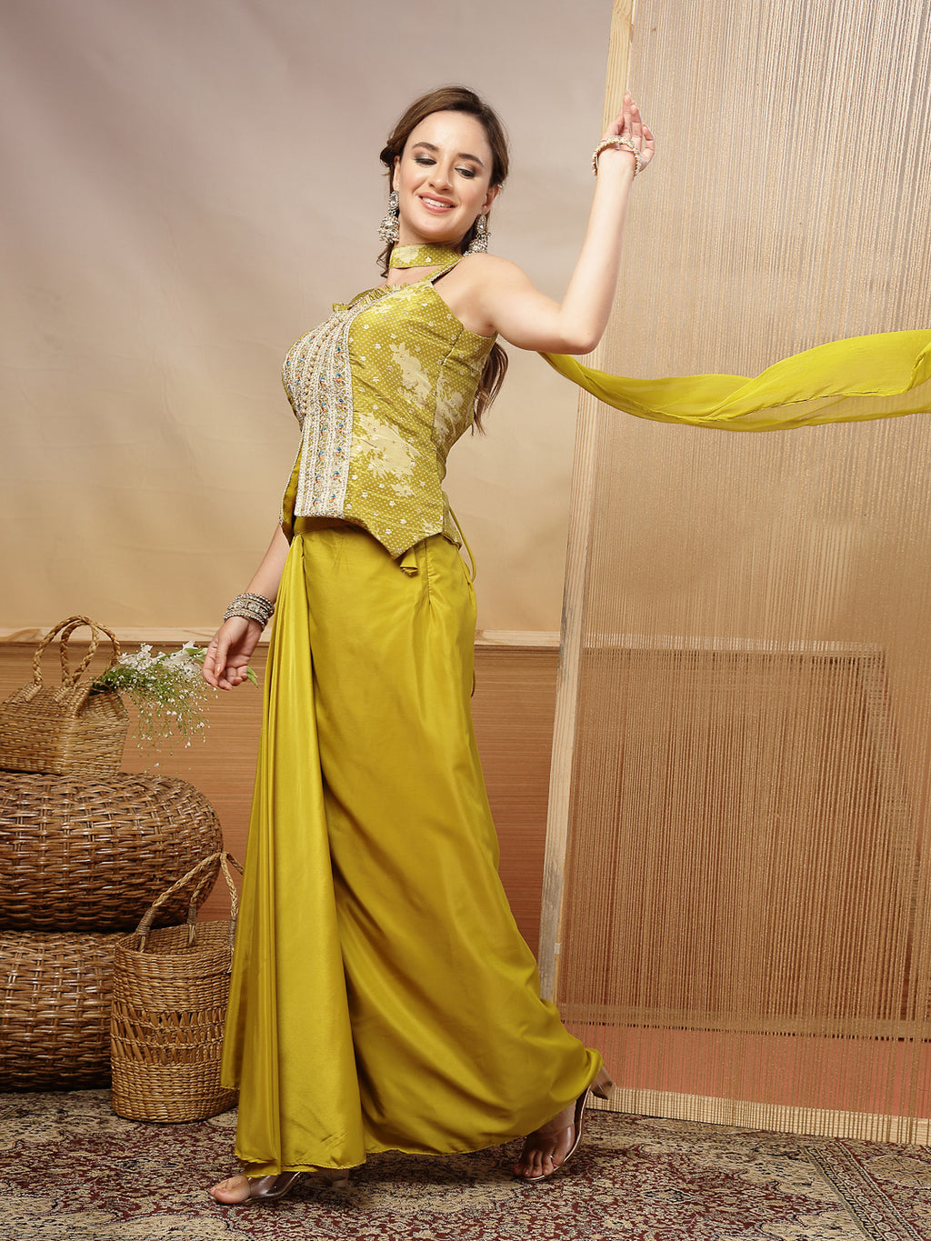 Women's Mustard Solid & Embroidered Organza Co-Ord Set