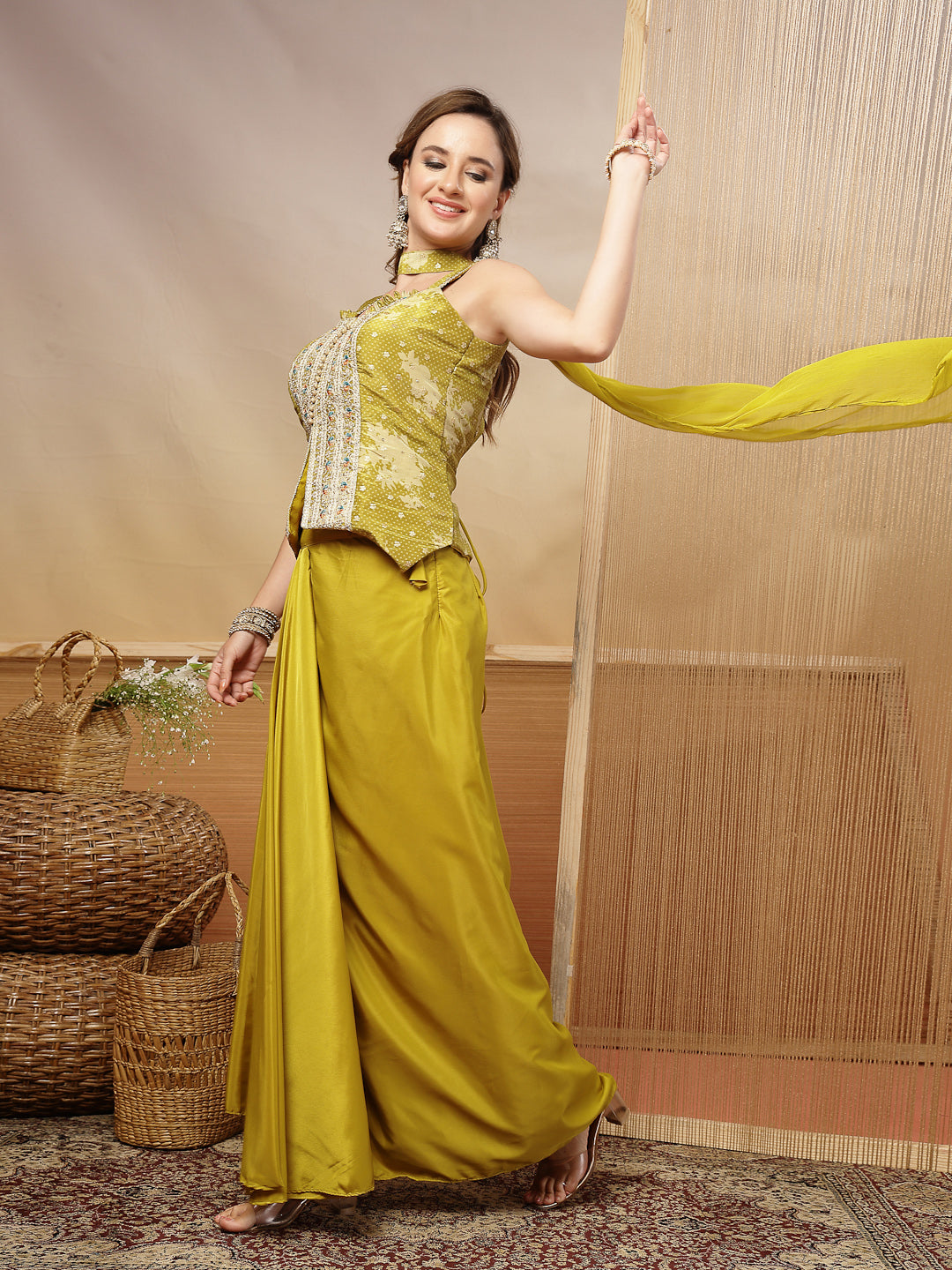 Women's Mustard Solid & Embroidered Organza Co-Ord Set