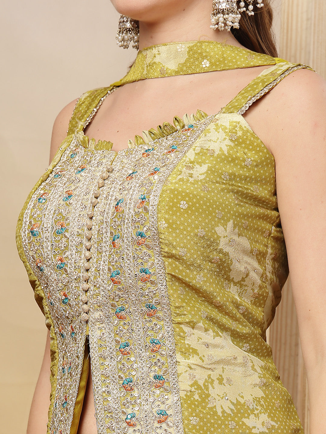 Women's Mustard Solid & Embroidered Organza Co-Ord Set