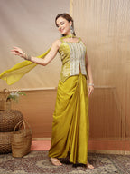 Women's Mustard Solid & Embroidered Organza Co-Ord Set