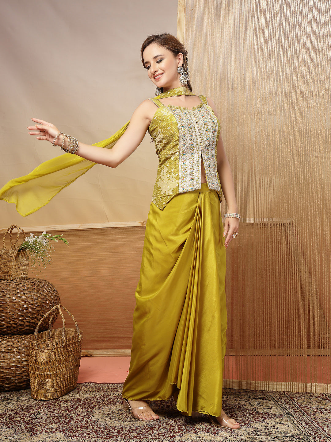Women's Mustard Solid & Embroidered Organza Co-Ord Set