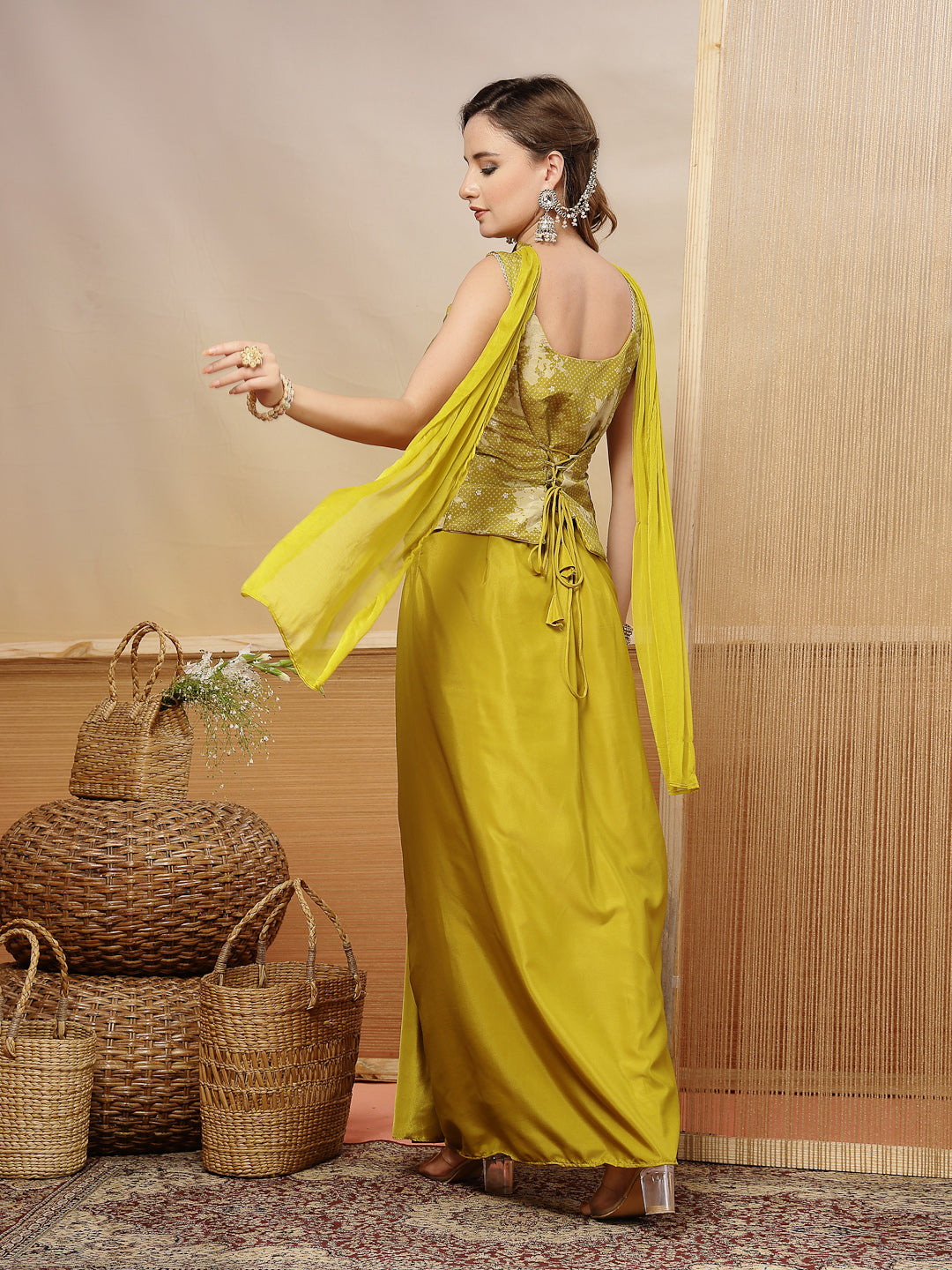 Women's Mustard Solid & Embroidered Organza Co-Ord Set