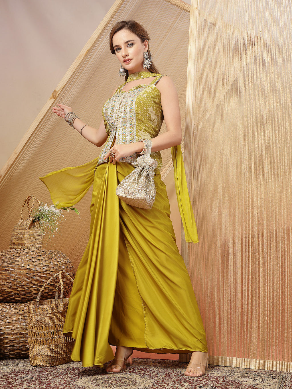 Women's Mustard Solid & Embroidered Organza Co-Ord Set