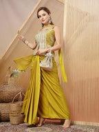 Women's Mustard Solid & Embroidered Organza Co-Ord Set