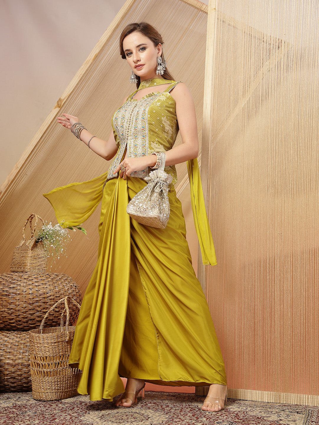 Women's Mustard Solid & Embroidered Organza Co-Ord Set