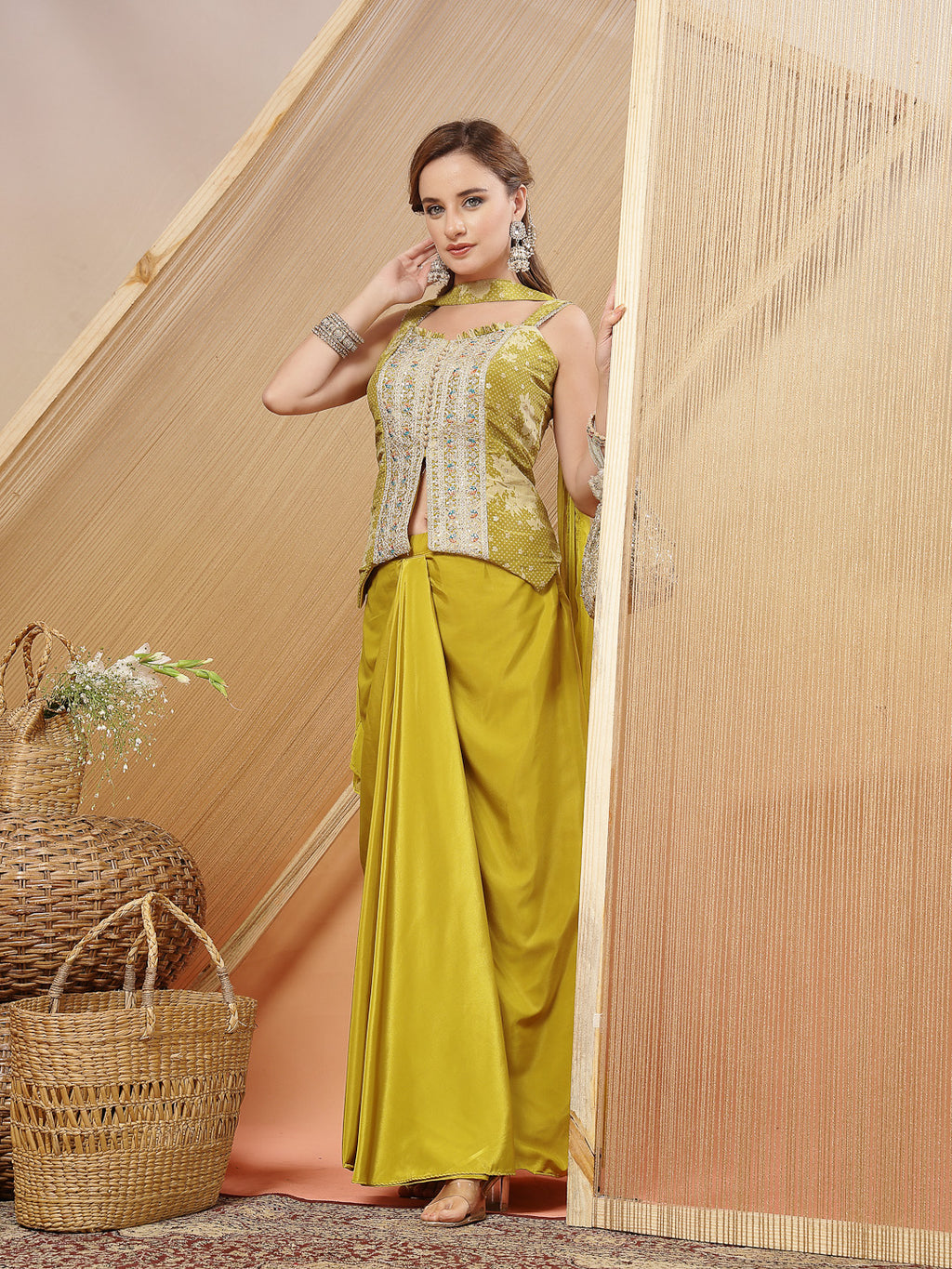 Women's Mustard Solid & Embroidered Organza Co-Ord Set