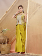 Women's Mustard Solid & Embroidered Organza Co-Ord Set