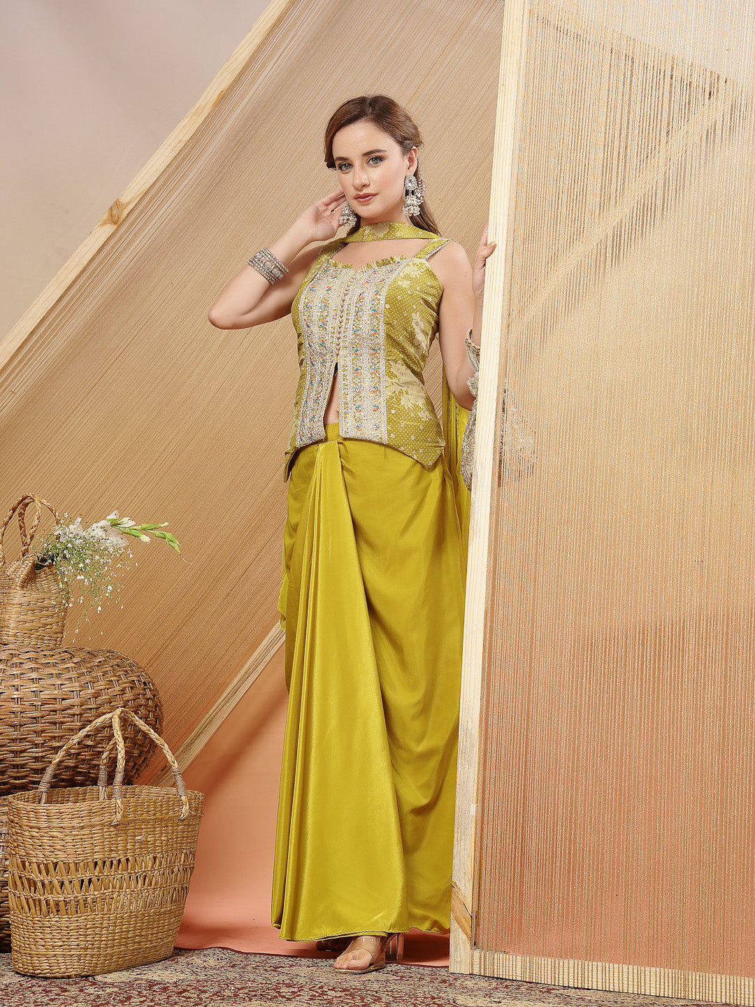 Women's Mustard Solid & Embroidered Organza Co-Ord Set