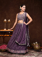 Women's Purple Embroidered Georgette Lehenga & Blouse with Dupatta