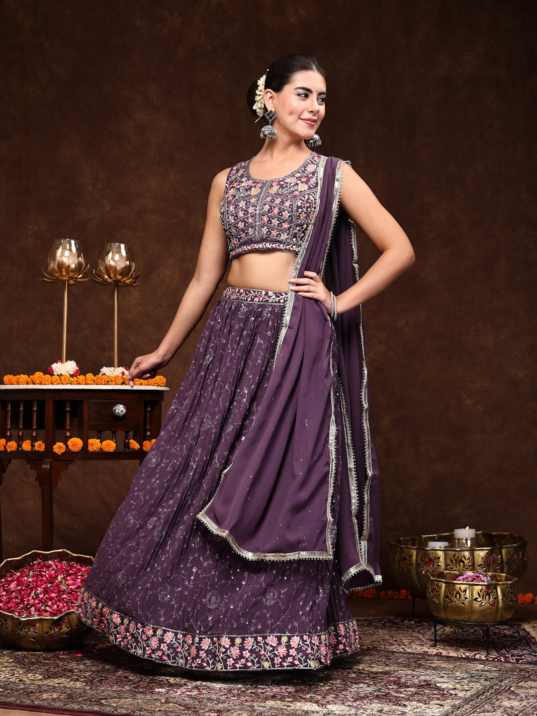 Women's Purple Embroidered Georgette Lehenga & Blouse with Dupatta