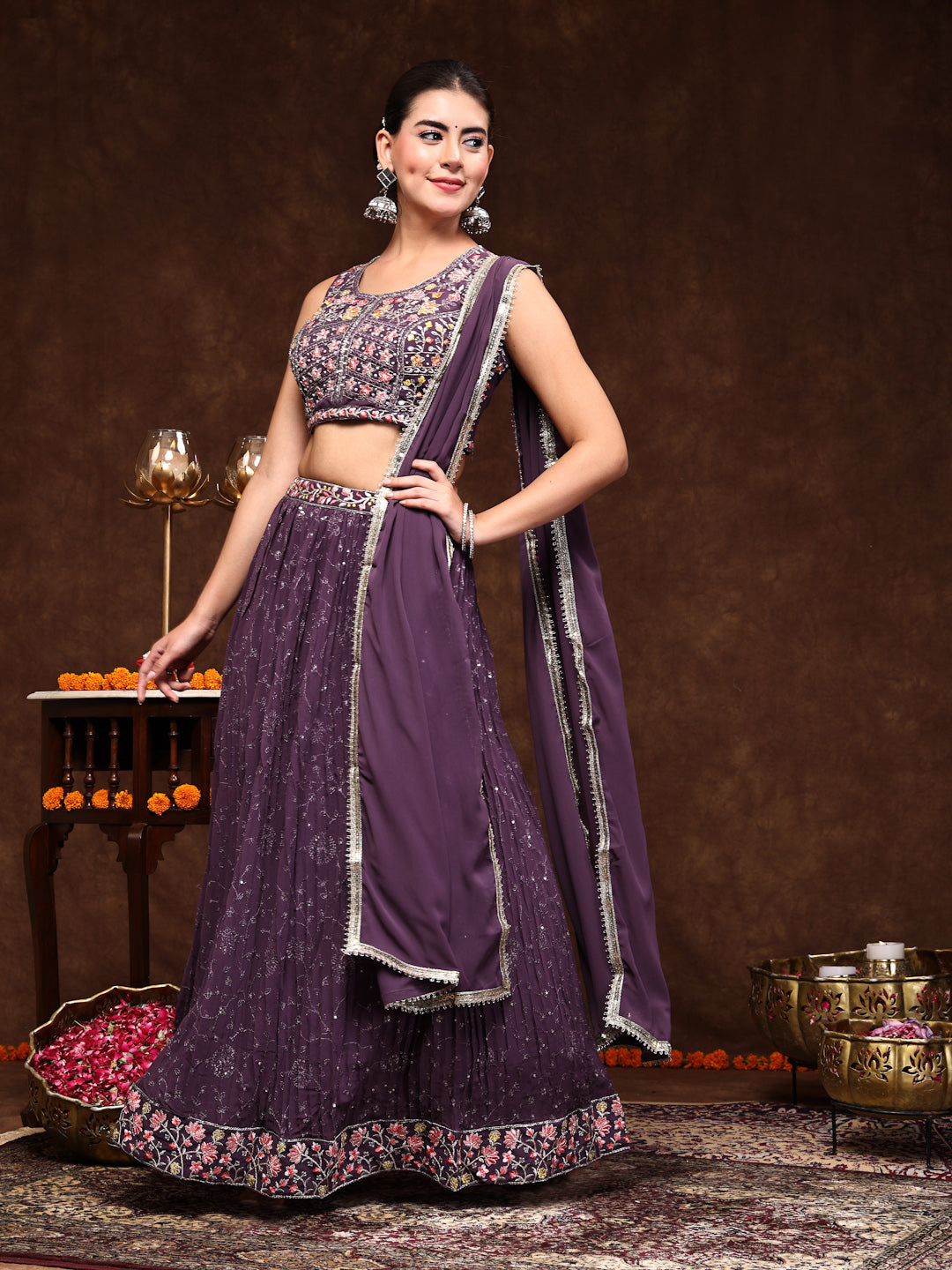 Women's Purple Embroidered Georgette Lehenga & Blouse with Dupatta