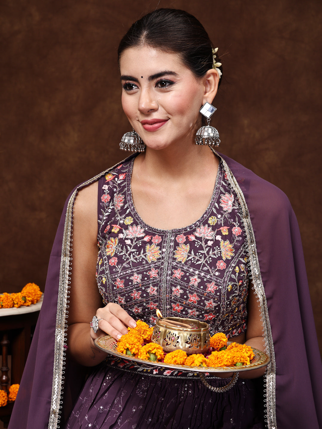 Women's Purple Embroidered Georgette Lehenga & Blouse with Dupatta