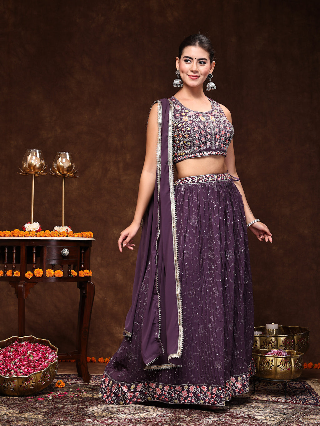 Women's Purple Embroidered Georgette Lehenga & Blouse with Dupatta