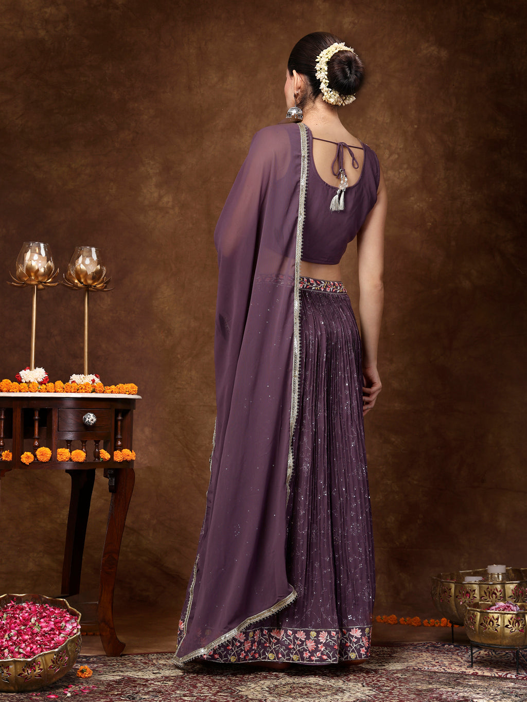 Women's Purple Embroidered Georgette Lehenga & Blouse with Dupatta