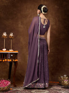 Women's Purple Embroidered Georgette Lehenga & Blouse with Dupatta
